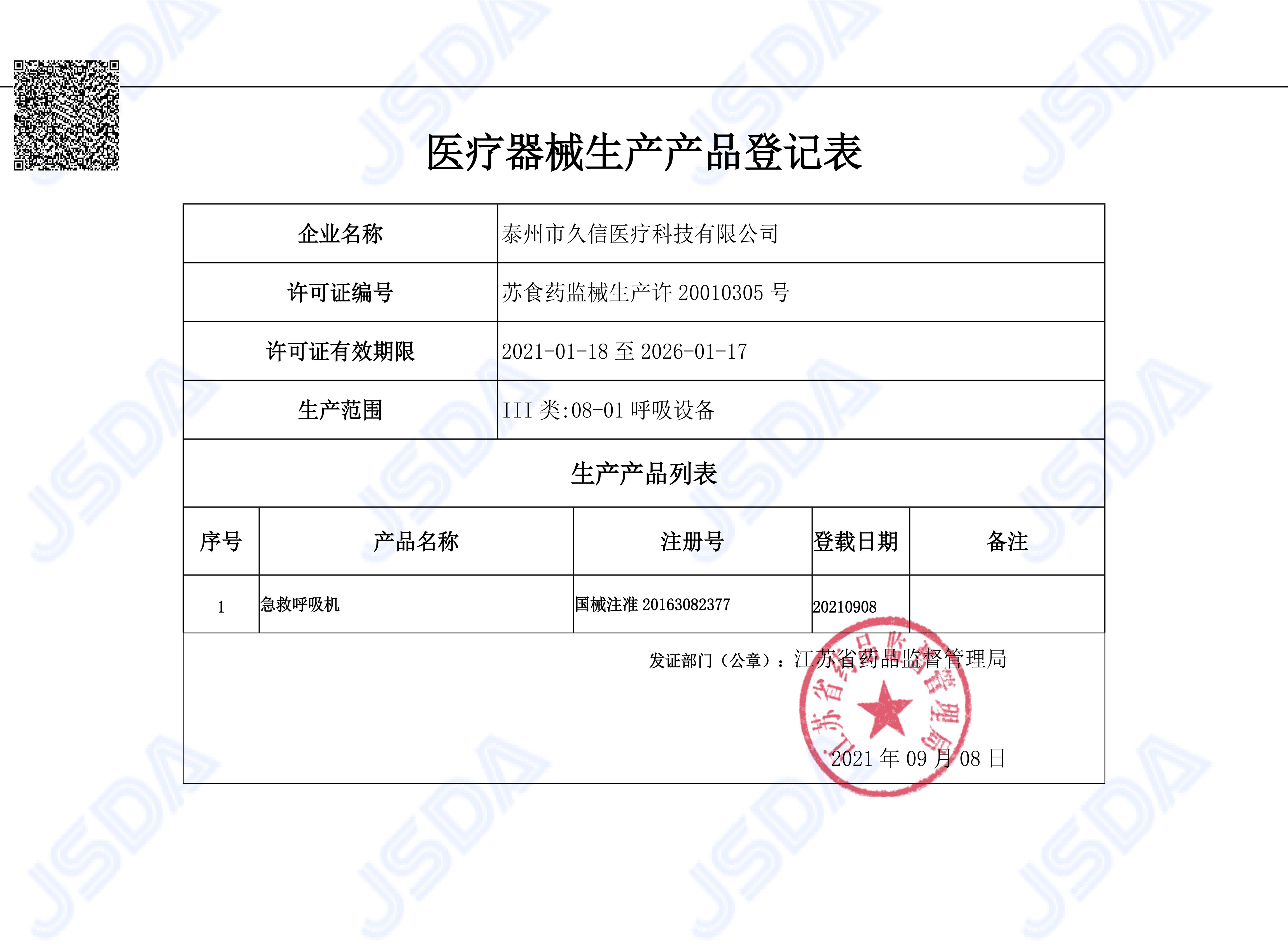 Product Registration Form of Medical Device